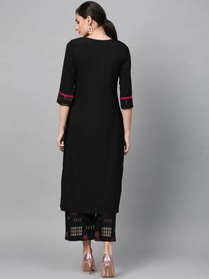 Women's Black Gold Print and Khadi Print Straight Crepe Kurta 3
