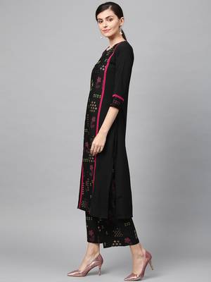 Women's Black Gold Print and Khadi Print Straight Crepe Kurta 4