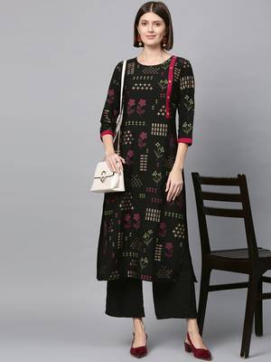Women's Black Gold Print and Khadi Print Straight Crepe Kurta 1