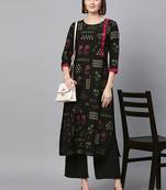 Women's Black Gold Print and Khadi Print Straight Crepe Kurta