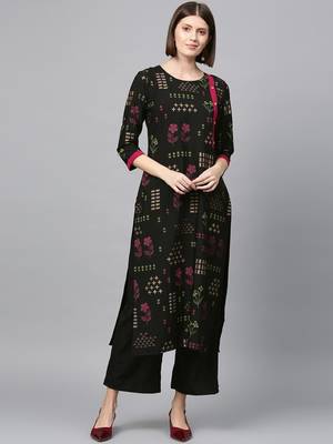Women's Black Gold Print and Khadi Print Straight Crepe Kurta 2