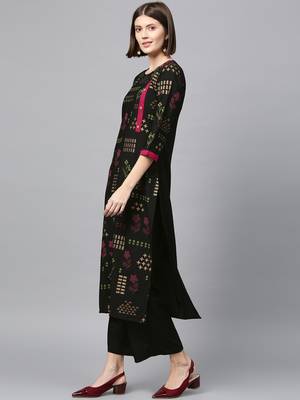 Women's Black Gold Print and Khadi Print Straight Crepe Kurta 4