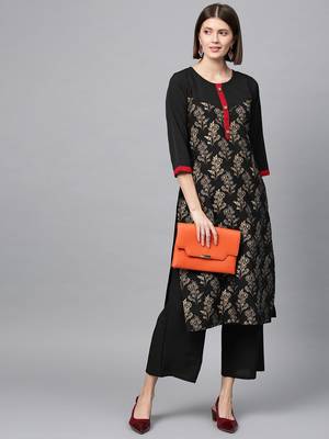 Women's Black gold print Straight Crepe Kurta 1
