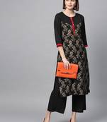 Women's Black gold print Straight Crepe Kurta