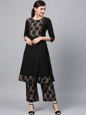 Women's Black Gold Print Straight Crepe Kurta 1