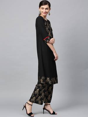 Women's Black Gold Print Straight Crepe Kurta 2