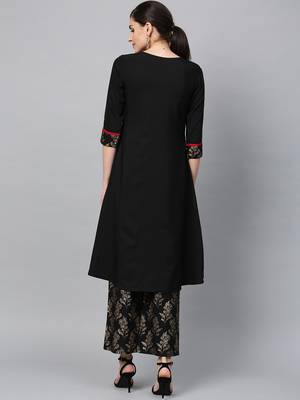 Women's Black Gold Print Straight Crepe Kurta 3