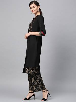Women's Black Gold Print Straight Crepe Kurta 4