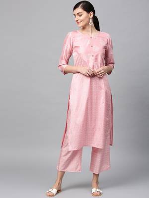 Women's Pink Khadi Print Straight Polysilk Kurta 2
