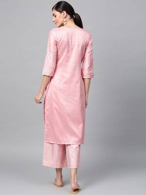 Women's Pink Khadi Print Straight Polysilk Kurta 3