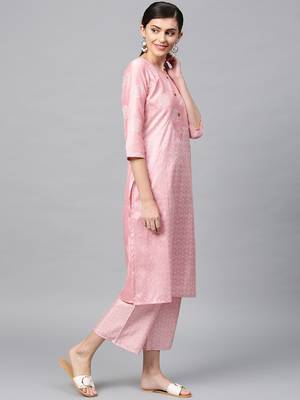 Women's Pink Khadi Print Straight Polysilk Kurta 4