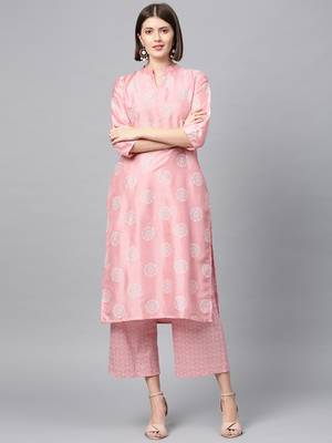 Women's Pink Khadi Print Straight Polysilk Kurta 1