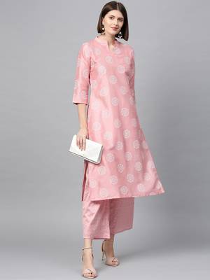 Women's Pink Khadi Print Straight Polysilk Kurta 2