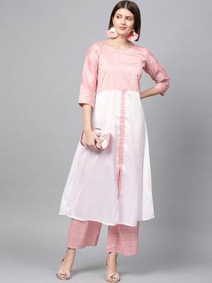Women's Pink Khadi Print Flared Polysilk Kurta 1
