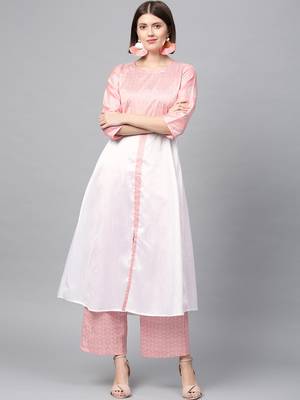 Women's Pink Khadi Print Flared Polysilk Kurta 2
