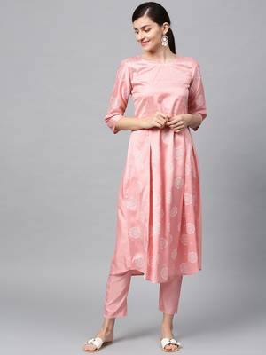 Women's Pink khadi print Flared Polysilk Kurta 1