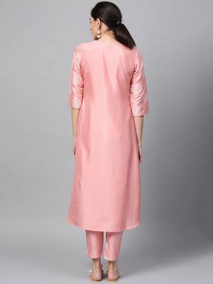 Women's Pink khadi print Flared Polysilk Kurta 3