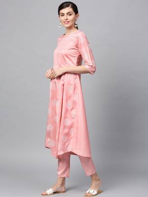 Women's Pink khadi print Flared Polysilk Kurta 4