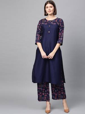 Women's Navy Blue Gold Print and Khadi Print Straight Polysilk Kurta 1