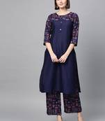 Women's Navy Blue Gold Print and Khadi Print Straight Polysilk Kurta