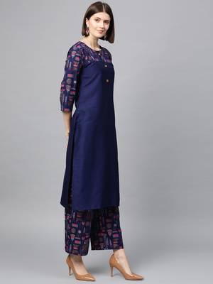 Women's Navy Blue Gold Print and Khadi Print Straight Polysilk Kurta 2