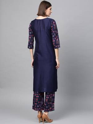 Women's Navy Blue Gold Print and Khadi Print Straight Polysilk Kurta 3