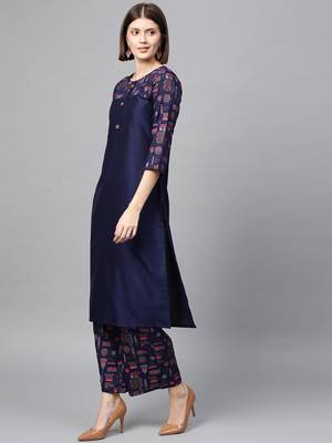 Women's Navy Blue Gold Print and Khadi Print Straight Polysilk Kurta 4