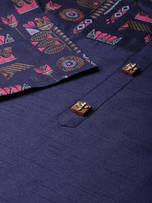 Women's Navy Blue Gold Print and Khadi Print Straight Polysilk Kurta 5