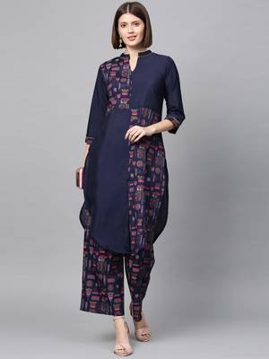 Women's Navy Blue Gold Print and Khadi Print Straight Polysilk Kurta 1