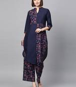 Women's Navy Blue Gold Print and Khadi Print Straight Polysilk Kurta