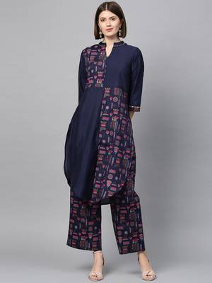 Women's Navy Blue Gold Print and Khadi Print Straight Polysilk Kurta 2