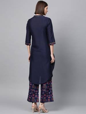 Women's Navy Blue Gold Print and Khadi Print Straight Polysilk Kurta 3