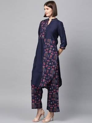 Women's Navy Blue Gold Print and Khadi Print Straight Polysilk Kurta 4