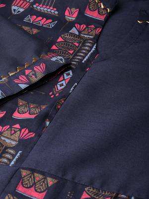 Women's Navy Blue Gold Print and Khadi Print Straight Polysilk Kurta 5