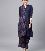 Women's Navy Blue Gold Print and Khadi Print Straight Polysilk Kurta