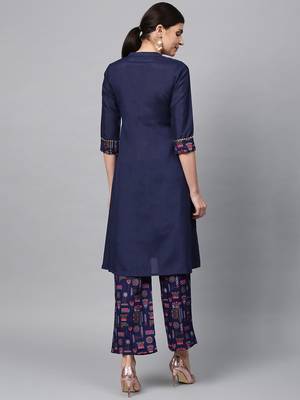 Women's Navy Blue Gold Print and Khadi Print Straight Polysilk Kurta 3