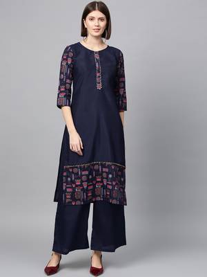Women's Navy Blue Gold Print and Khadi Print Straight Polysilk Kurta 1