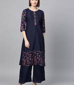 Women's Navy Blue Gold Print and Khadi Print Straight Polysilk Kurta