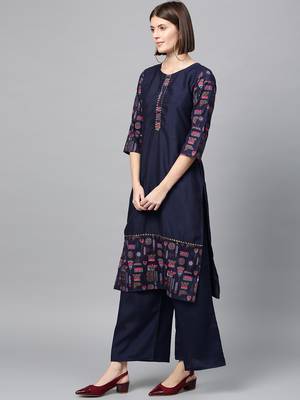 Women's Navy Blue Gold Print and Khadi Print Straight Polysilk Kurta 2