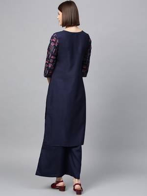 Women's Navy Blue Gold Print and Khadi Print Straight Polysilk Kurta 3