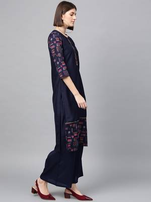 Women's Navy Blue Gold Print and Khadi Print Straight Polysilk Kurta 4