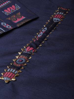 Women's Navy Blue Gold Print and Khadi Print Straight Polysilk Kurta 5