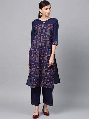 Women's Navy Blue Gold Print and Khadi Print Straight Polysilk Kurta 1