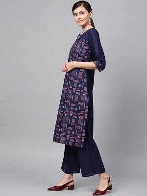 Women's Navy Blue Gold Print and Khadi Print Straight Polysilk Kurta 2