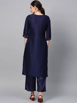 Women's Navy Blue Gold Print and Khadi Print Straight Polysilk Kurta 3