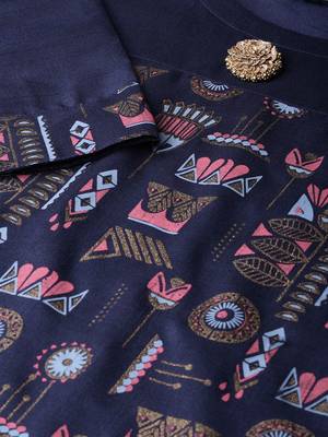 Women's Navy Blue Gold Print and Khadi Print Straight Polysilk Kurta 4