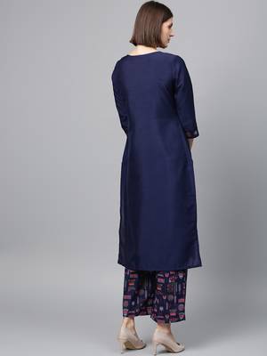Women's Navy Blue Gold Print and Khadi Print Straight Polysilk Kurta 3