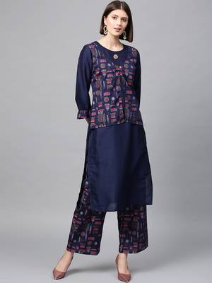 Women's Navy Blue Gold Print and Khadi Print Straight Polysilk Kurta 1