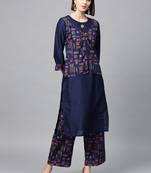 Women's Navy Blue Gold Print and Khadi Print Straight Polysilk Kurta