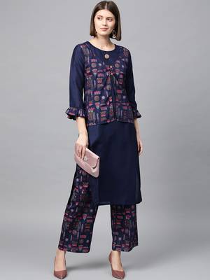 Women's Navy Blue Gold Print and Khadi Print Straight Polysilk Kurta 2